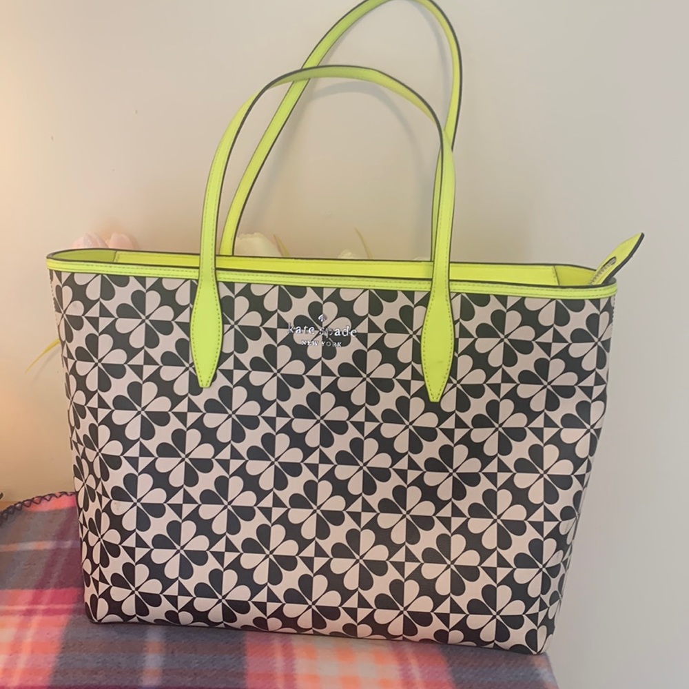kate spade Black and White Floral Tote with Neon Yellow Trim